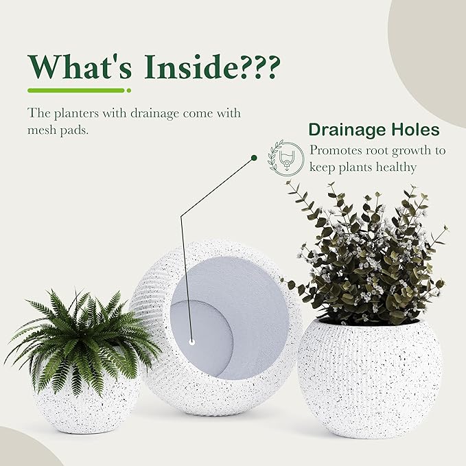 DTY Signature Mount Sherman 12.6''D x 9.8''H Modern Indoor Outdoor Fiberstone Sphere Planter, Durable Round Garden Pot, Weather Resistant, Drainage Hole & Rubber Plug (Ribbed White, Small)