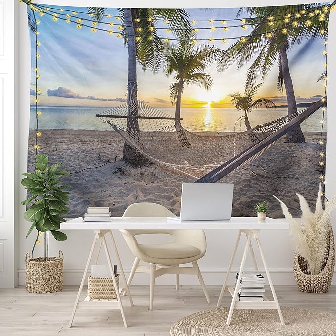 Ambesonne Tropical Tapestry, Paradise Beach Hammock and Coconut Palm Trees Horizon Coast Vacation Scenery, Fabric Wall Hanging Decor for Bedroom Living Room Dorm, 28" X 23", Sand Brown