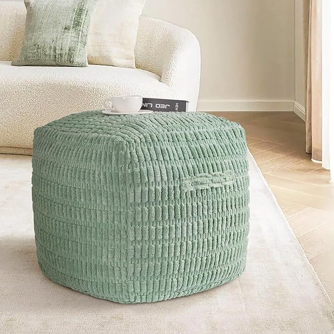 AELS Unstuffed Farmhouse Pouf Cover for Living Room, Boho Storage Bean Bag Cubes, Sage Green Soft Corduroy Plush Sripe Square Ottoman Pouf Foot Rest Footstool, 18"x18"x18", Cover ONLY
