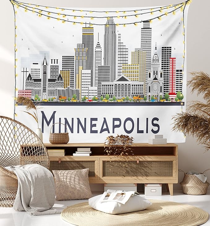 Ambesonne Minnesota Tapestry Queen Size, Elevation of a Street in Minneapolis Image with High Detailed Facades, Wall Hanging Bedspread Bed Cover Wall Decor, 88" X 88", White Grey