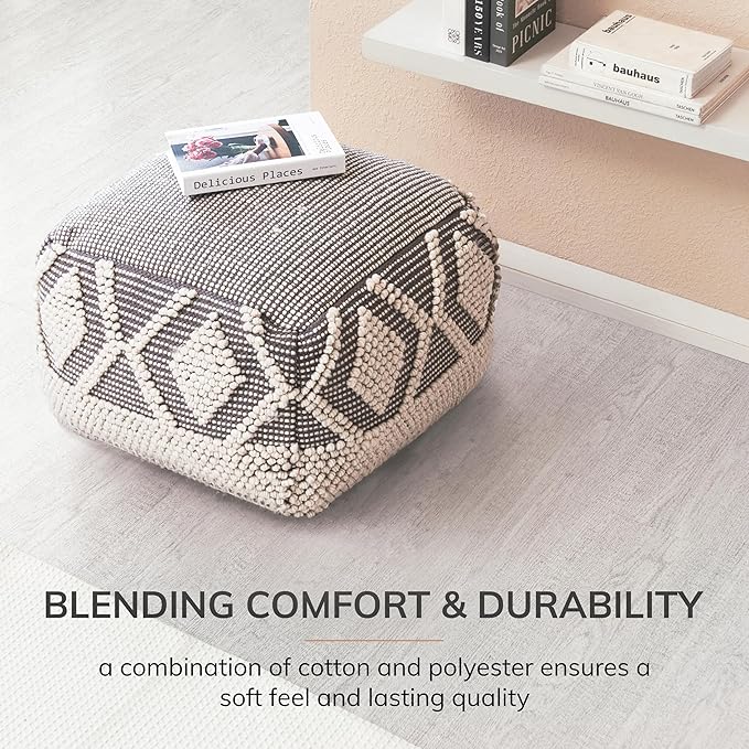 Anji Mountain 100% Handmade & Handcrafted Comfortable Home Décor Pouf Ottoman Footrest for Living Room, Bedroom, Nursery, Kidsroom, Patio Furniture - (22" x 22" x 16"- Gray,Ivory)