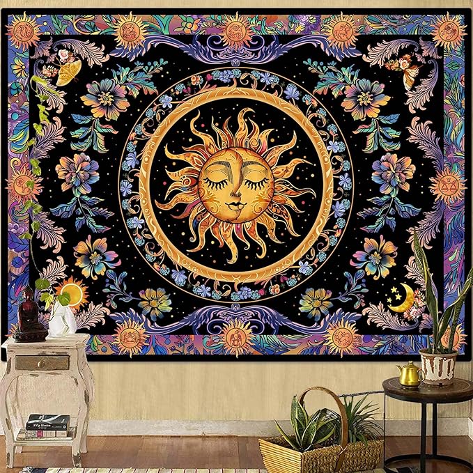 Accnicc Sun and Moon Tapestry Psychedelic Floral Plant Tapestries for Bedroom Aesthetic Hippie Boho Flower Tapestry Wall Hanging for Dorm Living Room (90'' × 68'')