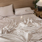 MooMee Gingham Duvet Cover Set 100% Washed Cotton Linen Like Textured Breathable Durable Soft Comfy Modern Checkered Design (Brown Gingham, Oversized Queen 98"x98")