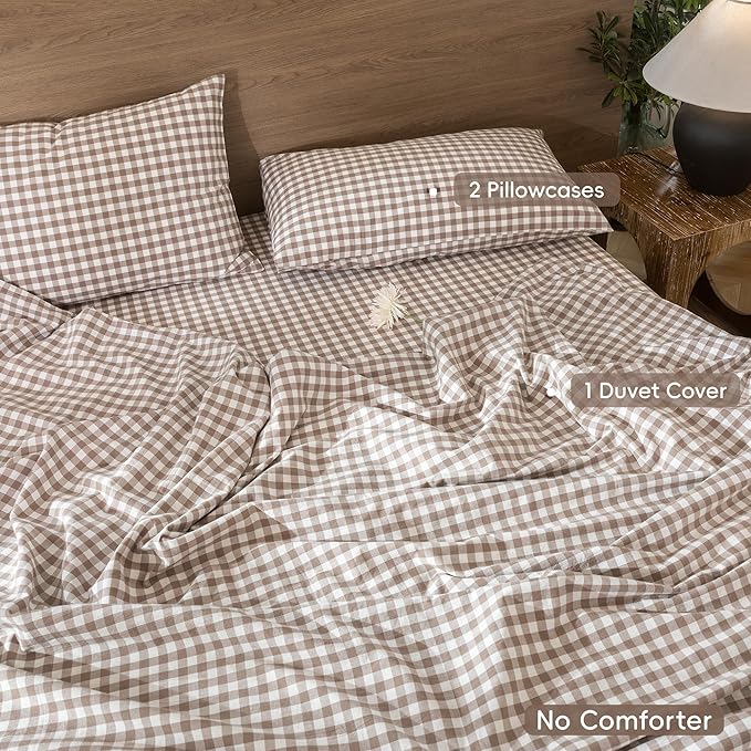 MooMee Gingham Duvet Cover Set 100% Washed Cotton Linen Like Textured Breathable Durable Soft Comfy Modern Checkered Design (Brown Gingham, Full 80"x90")