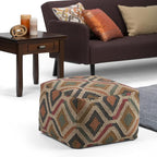 SIMPLIHOME Johanna Square Pouf - 20 inch Wide Upholstered Cotton and Jute Kilim Ottoman in Multi-Color, Boho Footstool or Extra Seating for Living Room with Polystyrene Bead Filling, Assembled