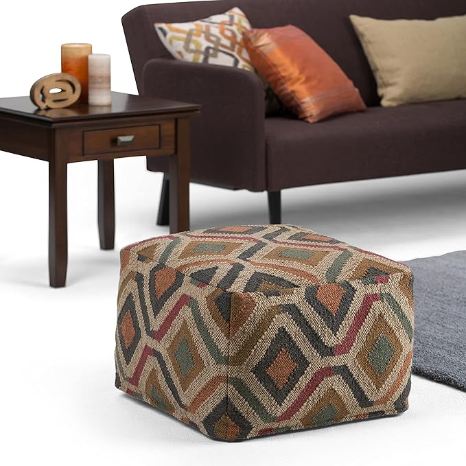 SIMPLIHOME Johanna Square Pouf - 20 inch Wide Upholstered Cotton and Jute Kilim Ottoman in Multi-Color, Boho Footstool or Extra Seating for Living Room with Polystyrene Bead Filling, Assembled