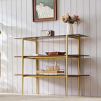 Glass Console Table for Living Room, Foyer & Entryway, L41 x W14 x H31 Inch, 3-Tier Mid-Century Modern Sofa Table with Amber Glass Top, Walnut Finish Wood Shelf and Gold Finish Frame