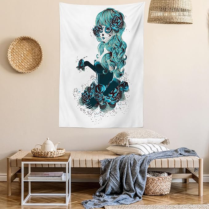 Ambesonne Skull Tapestry, Vintage Sugar Shape Girl Day of the Dead Bride Dark Color Roses Graphic, Fabric Wall Hanging Decor for Bedroom Living Room Dorm, 23" X 28", Petrol Blue White