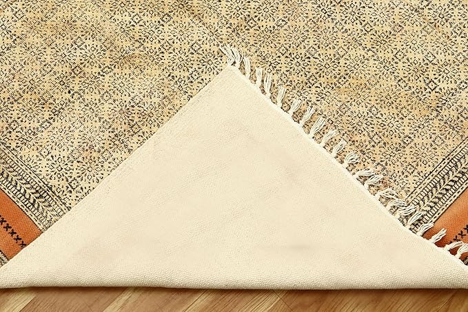 Area Rug 4' Square Rug Bronze & Black Cotton Dhurrie Oriental Thick 0.19 inches Stone Easy Washable Rug Hand Wash Cotton Carpet Flatweave Rug Indoor Outdoor Rugs for Kitchen, Bedside, Enterway