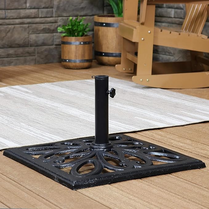 Sunnydaze 52lb Cast Iron Patio Umbrella Base - Heavy-Duty Square Metal Outdoor Market Umbrella Stand for Outside - 22-Inch - Black - Imperial Geometric