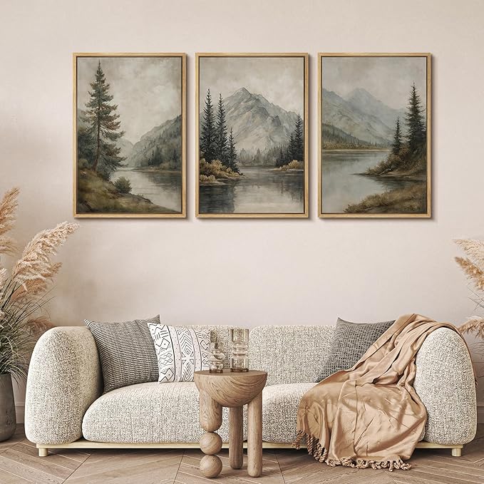 MUDECOR Framed Wall Art Print Set Mountain Landscape Nature with Trees, Lake, and Mountains, Rustic Illustrations Modern Art Decorative Colorful for Living Room, Bedroom, Office - 24"x36"x3 Natural