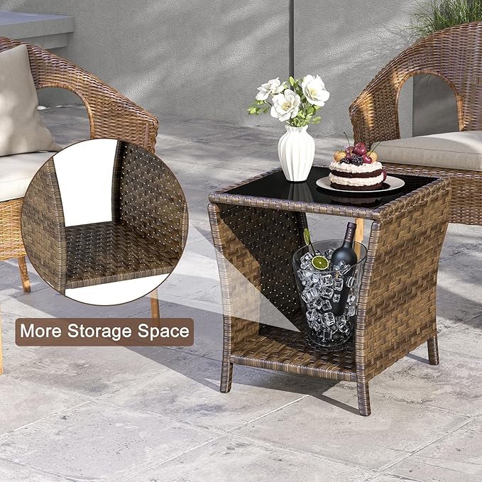 Outdoor Wicker Side Table Rattan Side Tables End Table for Patio with Glass Top Rattan Storage for Patio Garden Balcony