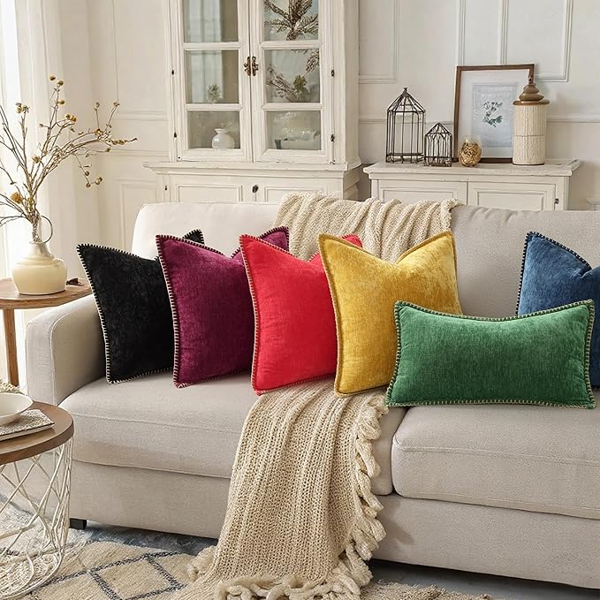 decorUhome Spring Chenille Soft Cozy Throw Pillow Covers 12x20 Set of 2, Modern Farmhouse Boho Velvet Decorative Pillow Cases with Stitched Edge for Couch Sofa Bed Home Decor, Green