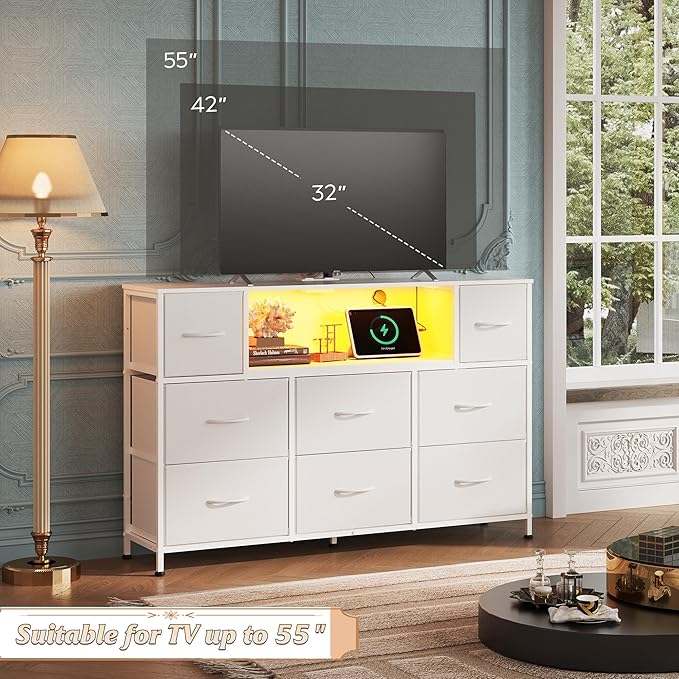 WLIVE White Dresser TV Stand for 45, 50, 55 inch TV, Entertainment Center with LED Lights & Charging Station, Chest of Drawers with 8 Fabric Drawers and Open Shelves for Living Room, Hallway, Wood Top