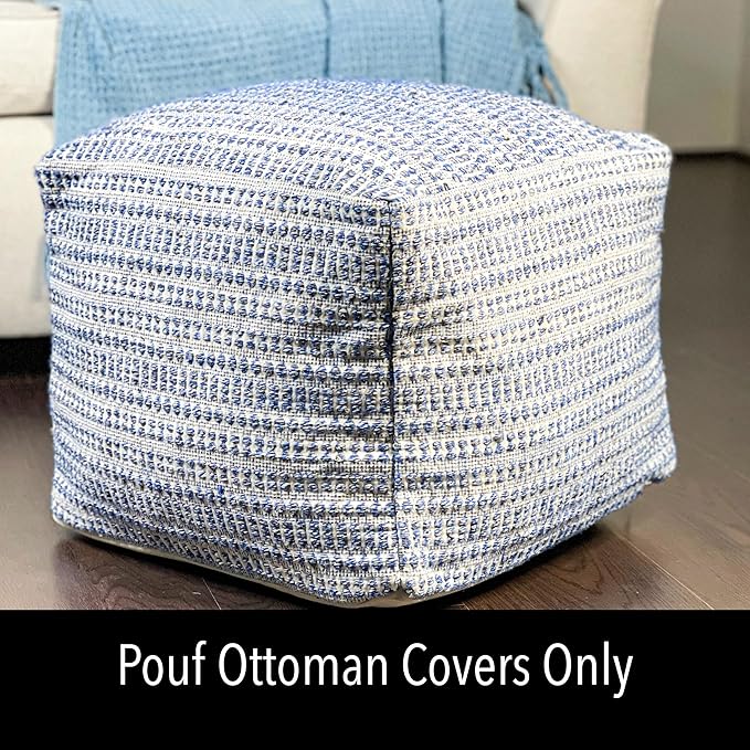 Chardin home UNSTUFFED Ottoman, Cozy & Bohemian Pouf Covers, Hand Crafted Casual Seating, Footrest, Square Floor Pillow for Home, Office, Bedroom, Living Room, 16.5" x 16.5"x 12.9", Blue-Off White