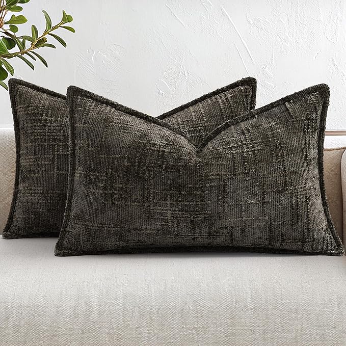 decorUhome Chenille Throw Pillow Covers 12x20 Set of 2, Thick Textured Slubby Neutral Decorative Pillow Covers with Elegant Design for Couch, Sofa, Living Room, Chocolate