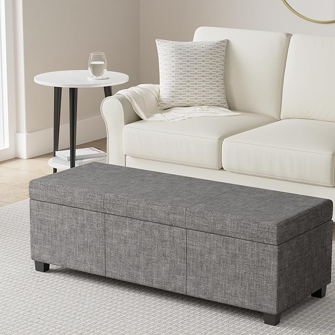 SIMPLIHOME Avalon Storage Ottoman Bench - 48 inch Wide Upholstered Tweed Look Fabric Rectangular Lift-Top Ottoman in Dark Grey, Contemporary Storage Bench for Living Room with High-Density Foam