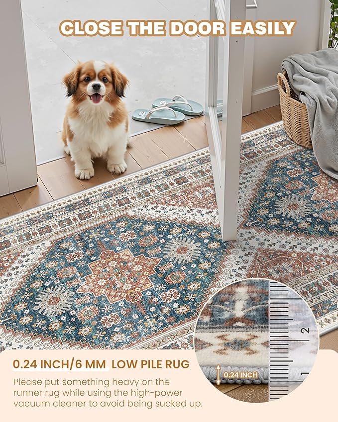 3x5 Washable Area Rug for Entryway, Kitchen Rugs Non Slip for Dining Room, Vintage Floral Soft Living Room Rug, Thin Area Rug Indoor for Bedroom, Kids Room Decor(Blue/Red,3'x5')