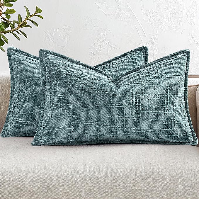 decorUhome Chenille Throw Pillow Covers 12x20 Set of 2, Thick Textured Slubby Neutral Decorative Pillow Covers with Elegant Design for Couch, Sofa, Living Room, Teal