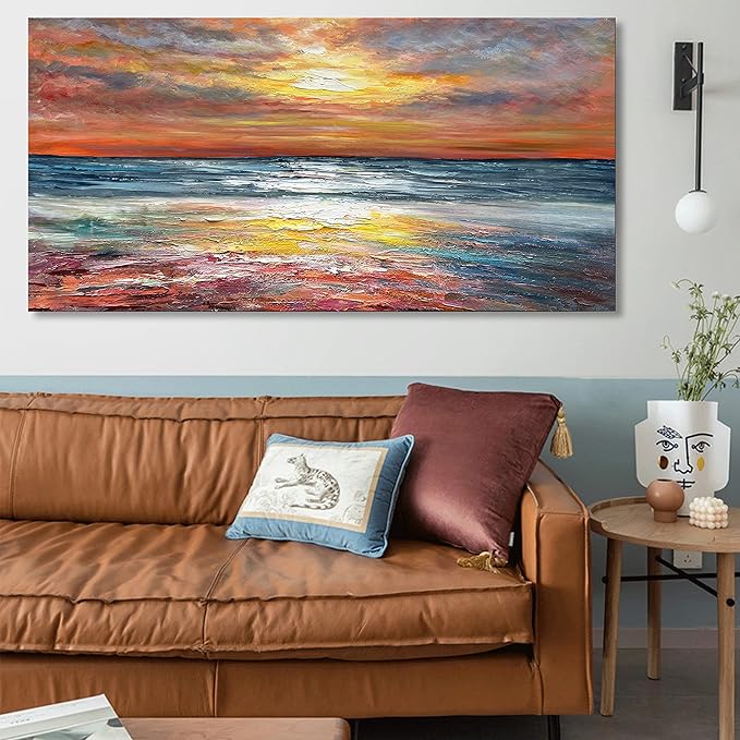 Art Sea Sunrise Landscape Modern Abstract Oil Painting Canvas Oil Painting Wall Art Decoration 24x48 inch