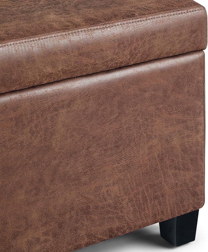 SIMPLIHOME Avalon Storage Ottoman Bench - 48 inch Wide Upholstered Vegan Leather Rectangular Lift-Top Ottoman in Distressed Umber Brown, Contemporary Bench for Living Room with High-Density Foam