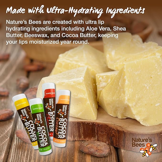 Nature's Bees Cocoa Butter Lip Balm, Lip Care for Dry Lips, Coconut Oil, Beeswax, Vitamin E, Aloe, & Shea Butter, 0.15 oz Each, 3 Flavors Coconut, Cherry, and Mint, 24 Pack - Packaging May Vary