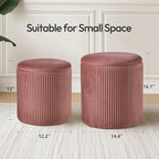 Ottoman with Storage Set of 2, Velvet Round Storage Ottoman, Upholstered Sponge Vanity Stool Support 300lbs, Multifunctional Coffee Table Foot Rest Ottoman for Living Room Bedroom, Pink