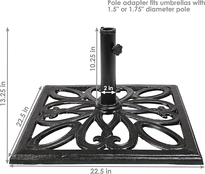 Sunnydaze 52lb Cast Iron Patio Umbrella Base - Heavy-Duty Square Metal Outdoor Market Umbrella Stand for Outside - 22-Inch - Black - Imperial Geometric