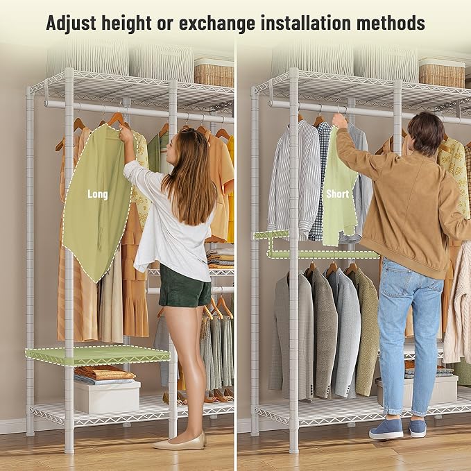 Raybee Clothing Racks for Hanging Clothes,Heavy Duty Clothes Rack with Shelves,Portable Closet Adjustable,76" W x 77" H x 18" D,Max Load 1150lbs,White