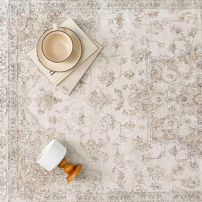 Beige Area Rug 3x4 Washable Vintage Carpet Entryway Office Soft Retro Kitchen Low Pile Thin Door Mat Non Slip Oriental Medallion Throw Small Rug for Bathroom Bedroom Dining Living Room