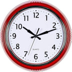 Bernhard Products Retro Wall Clock 9.5 Inch Red Kitchen 50's Vintage Design Round Silent Non Ticking Battery Operated Quality Quartz Clock