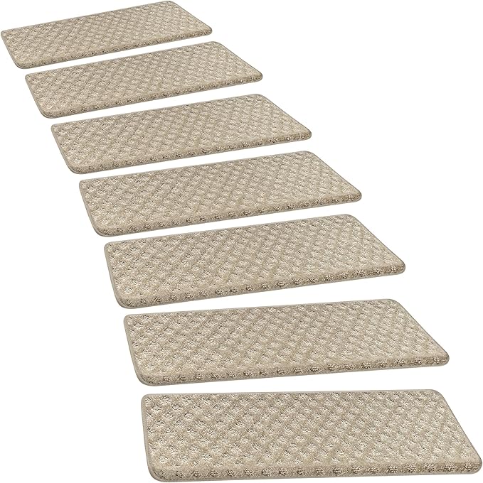 PURE ERA Bullnose Carpet Stair Treads Tape Free Non-Slip Indoor Stair Protectors Pet Friendly Stair Treads for Wooden Steps 9.5" x 30"(2 Pieces,Cream Gray Mini-Diamond Trellis)
