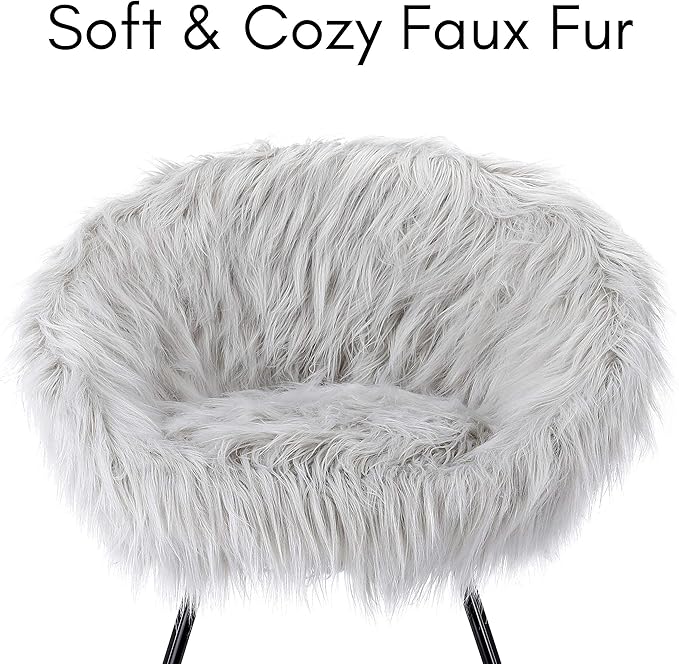 BIRDROCK HOME Faux Fur Papasan Chair with Black Legs - Luxuriously Soft & Lightweight - Wide Cushion Seat for Playroom, or Living Room - Moon Chair - Metal - Fluffy Round Seat - Circle - Grey