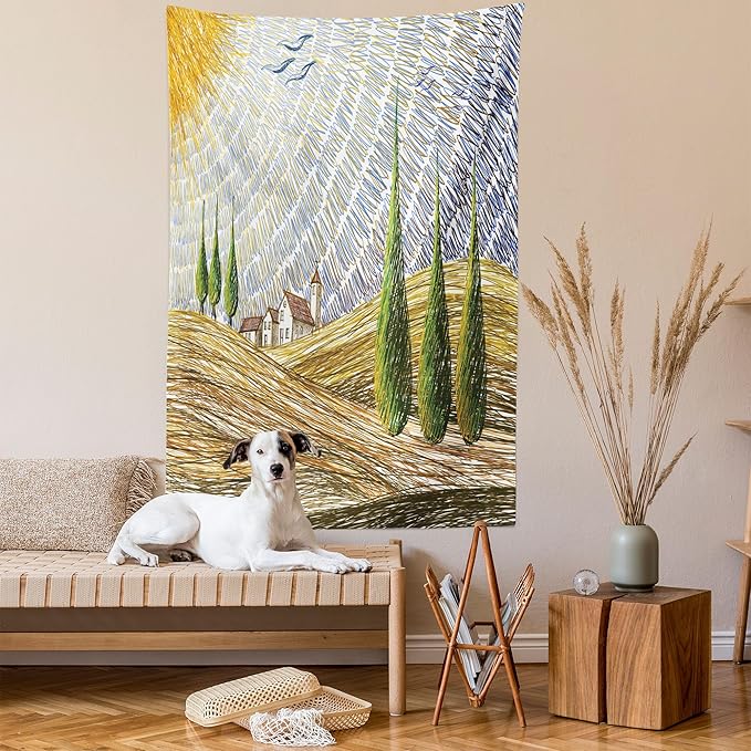 Ambesonne Italian Tapestry Twin Size, Van Gogh Style Italy Valley Rural Fields European Scenery Painting Print, Wall Hanging Bedspread Bed Cover Wall Decor, 68" X 88", Tan Blue Green