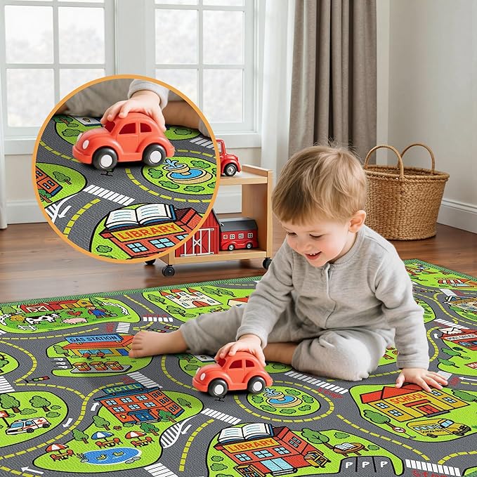 Upgrade Ultra Non Slip Kids Car Rug, Kids Road Playmat Rug for Toy Cars, Educational Town City Map Washable Carpet for Boys Playroom Bedroom, Safer Car Track Play Mat for Children Toddler, 100"x60"