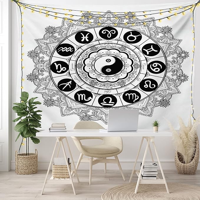 Ambesonne Ying Yang Tapestry, Round Zodiac Theme Design in Centre Astrology Signs Print, Fabric Wall Hanging Decor for Bedroom Living Room Dorm, 45" X 30", White Black