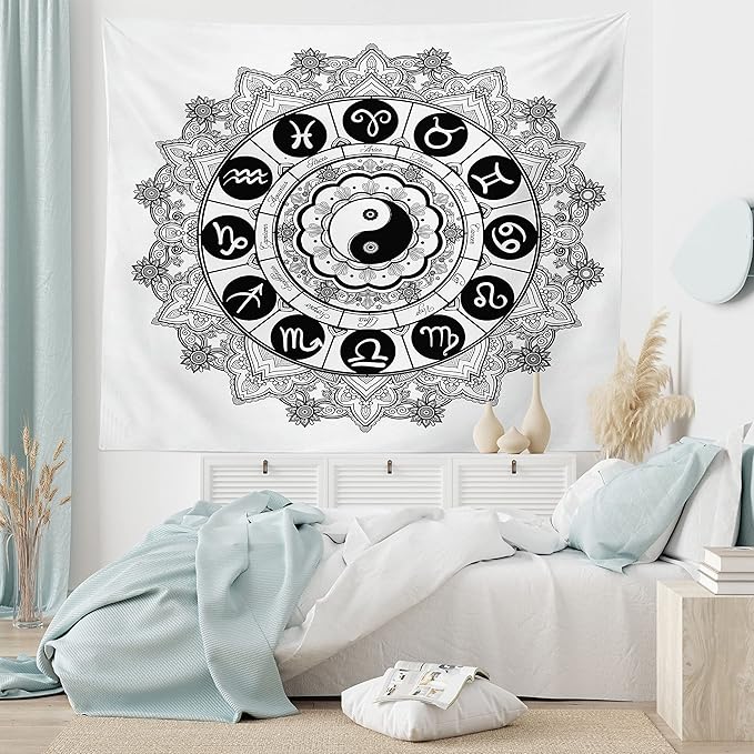 Ambesonne Ying Yang Tapestry, Round Zodiac Theme Design in Centre Astrology Signs Print, Fabric Wall Hanging Decor for Bedroom Living Room Dorm, 28" X 23", White Black