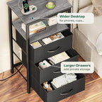 Huuger Night Stand with Charger Station and LED Lights, 3 Drawer Nightstand, Bed Side Table with Open Shelf, End Table, Tall Fabric Dresser for Bedroom, Grey