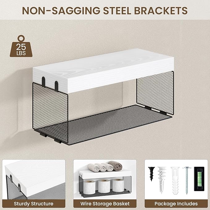Bathroom Floating Shelf for Wall,16 inch Wall Mounted Floating Shelves Toilet Organizer and Storage,Small Farmhouse Decor Shelf,White,Set of 3