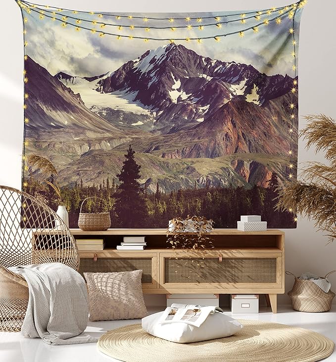 Ambesonne Alaska Mountains Tapestry King Size, Arctic Landscape Hiking Alaska Mountains Scenery in Usa Wilderness, Wall Hanging Bedspread Bed Cover Wall Decor, 104" X 88", Green Black White