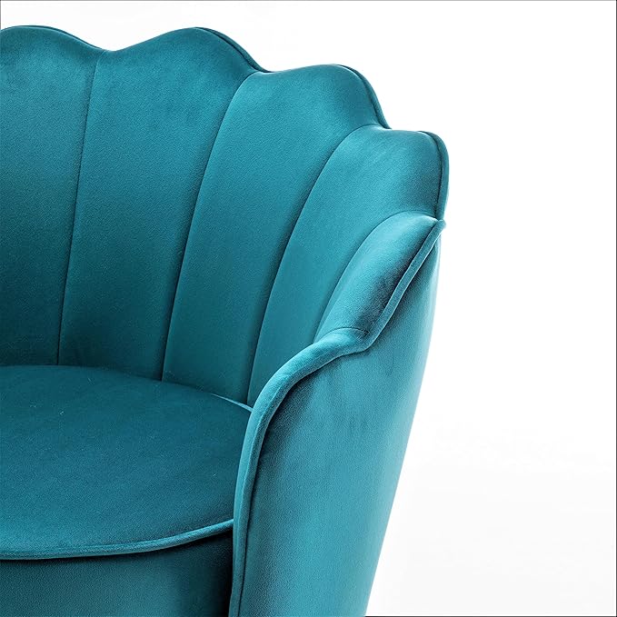 Velvet Barrel Accent Chair with Scalloped Silhouette and Gold Metal Legs, Decorative Piece Suitable for Traditional, Modern, and Contemporary Spaces, Greenish Blue