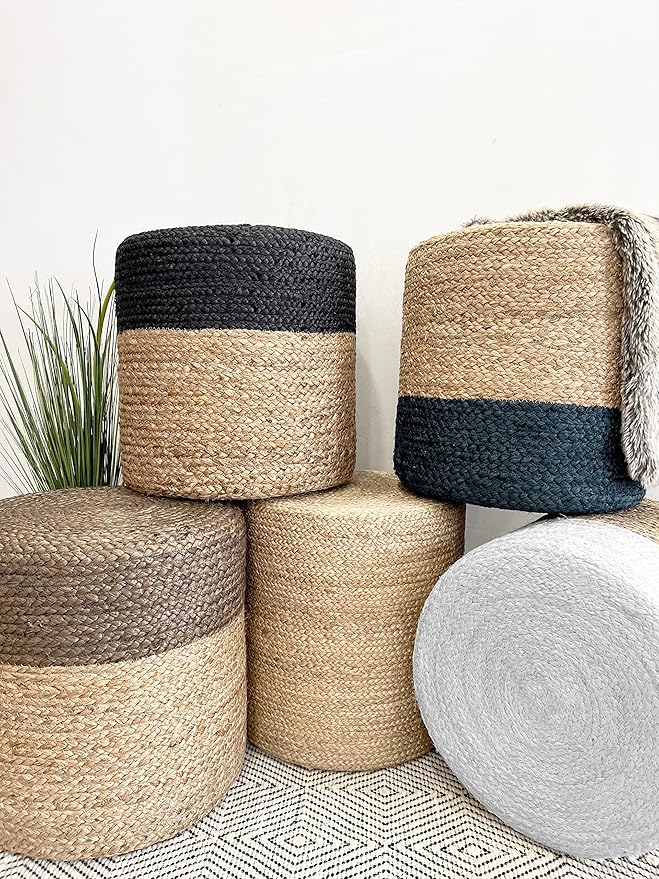 S & L Homes Pouf Ottoman - 100% Natural Jute Braided- Hand Knitted - Traditional Cord Boho Pouffe - for The Living Room, Bedroom, Nursery, Patio, Lounge (16" x 16" x 16")