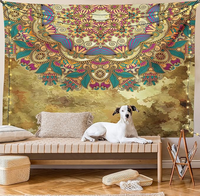 Ambesonne Grunge Tapestry King Size, Paisley Like Mandala Motif with Flowers Leaves and Buds Image, Wall Hanging Bedspread Bed Cover Wall Decor, 104" X 88", Dark Mustard Sepia