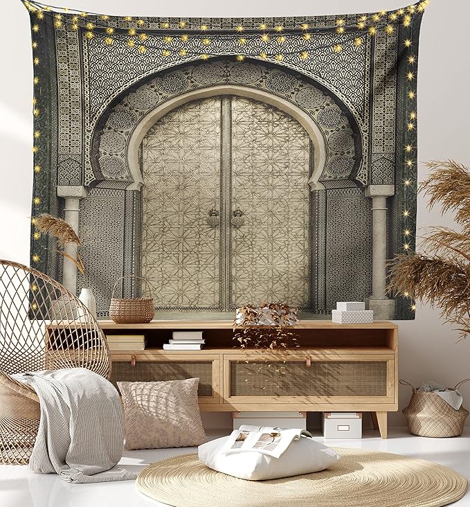 Ambesonne Moroccan Tapestry, Aged Door Geometric Pattern Doorway Design Entrance Architectural Oriental Style, Wide Wall Hanging for Bedroom Living Room Dorm, 60" X 40", Sepia Black