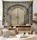 Ambesonne Moroccan Tapestry, Aged Door Geometric Pattern Doorway Design Entrance Architectural Oriental Style, Wide Wall Hanging for Bedroom Living Room Dorm, 60" X 40", Sepia Black