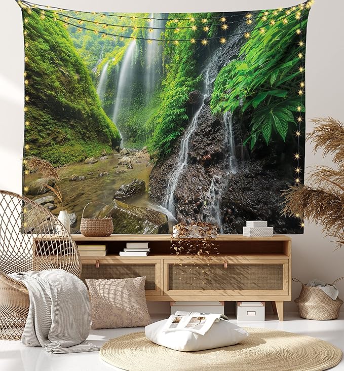 Ambesonne Waterfall Tapestry, Waterfalls Side Valley in Indonesia with Southeast Bushes Above Hills, Fabric Wall Hanging Decor for Bedroom Living Room Dorm, 28" X 23", Brown Green