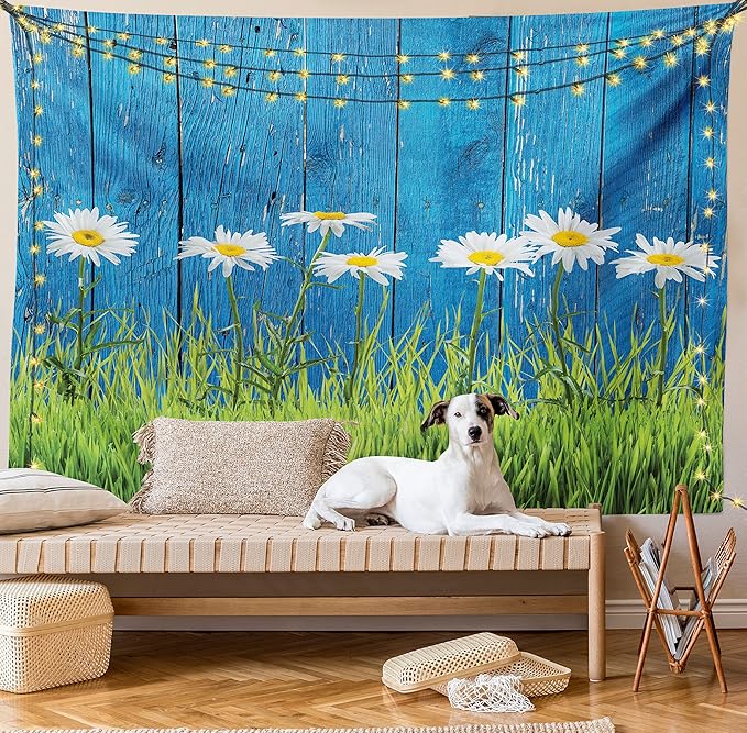Ambesonne Flower Tapestry Queen Size, Fresh Springtime Grass and Daisy on Fence Summer Simple Vintage Style Print, Wall Hanging Bedspread Bed Cover Wall Decor, 88" X 88", Blue and Green