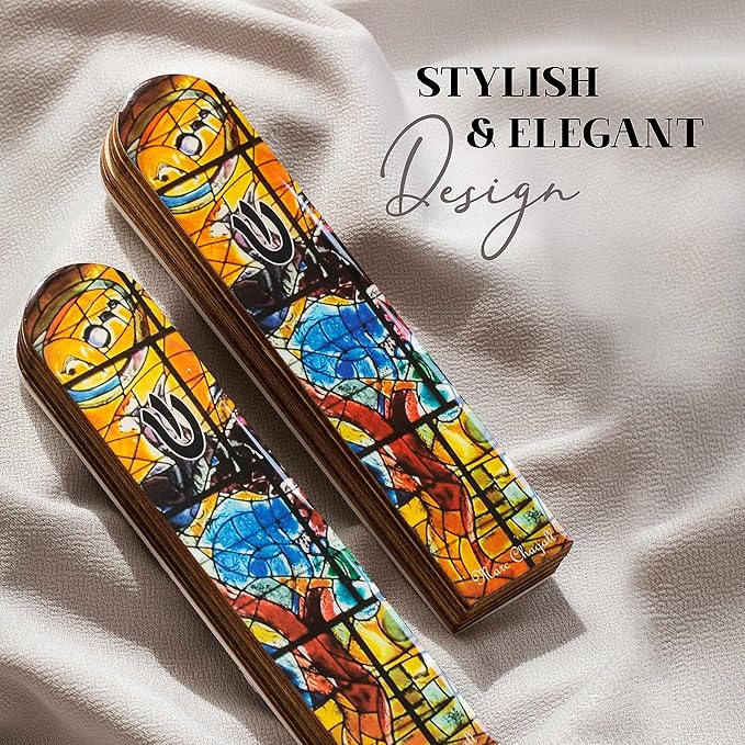 SURI Wooden Mezuzah Case for Door – 5 Inch Yellow Chagall-Inspired Mezuza Cover with Printed Scroll, Self-Stick Adhesive, Fits a 4 Inch Scroll, Gift Box Included