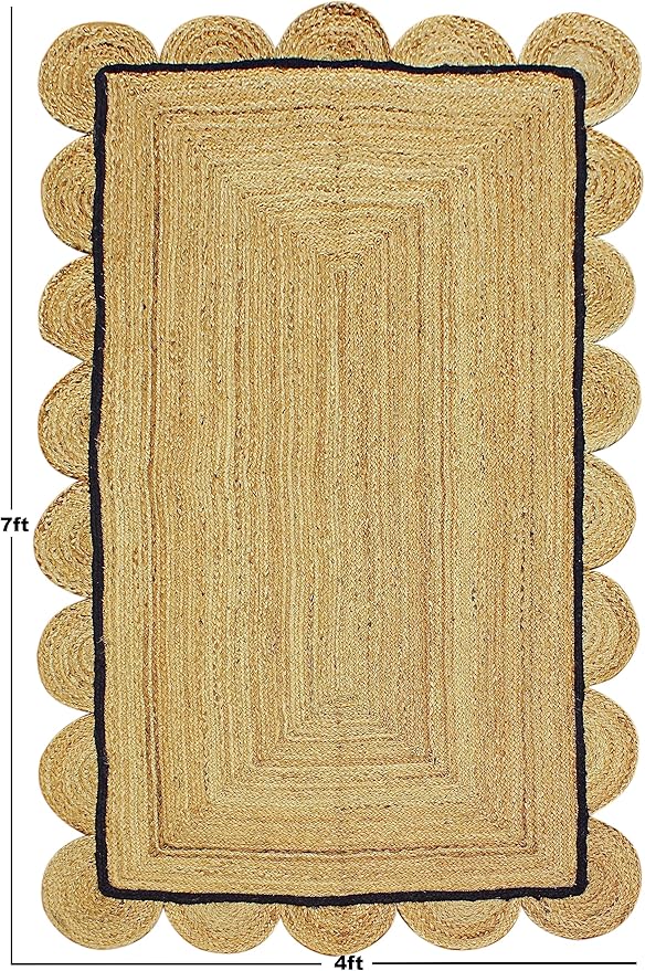 Scalloped Jute Rug, Hand Woven Runner Area Rug, 4x15 Ft Beige & Black Braided Natural Sisal Kilim Rugs for Living Room, Kitchen, Entryway, Farmhouse
