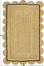 Scalloped Edge Rug, Hand Woven Natural Jute Area Rug, 3x3 Ft Square Beige & Black Braided Kilim Rugs for Living Room, Kitchen, Entryway, Farmhouse